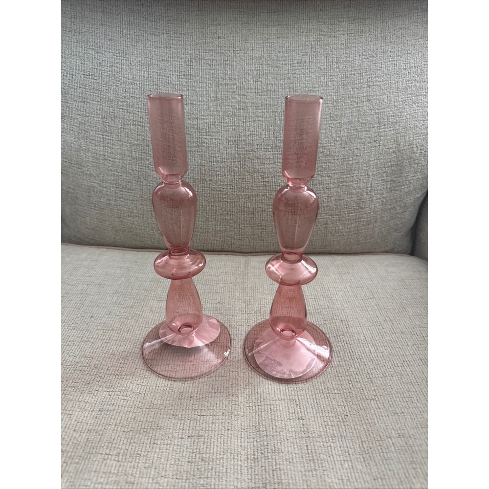 Delicate glass Pink Shabby Chic Cottagecore taper Candle Holder Pair new